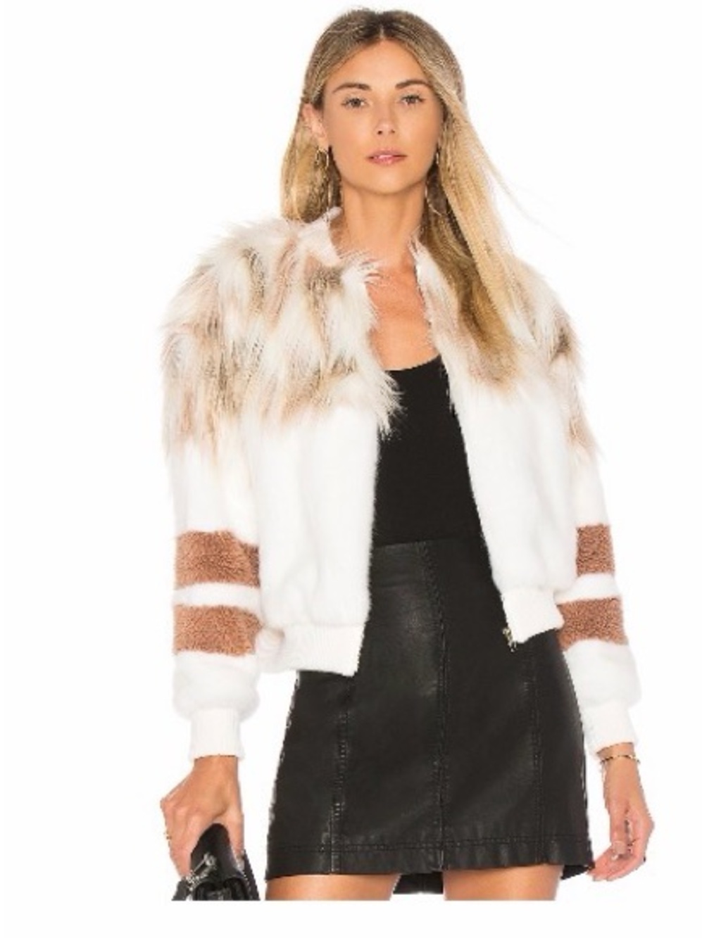 NBD White Bomber Jacket with Brown Faux Fur Trim